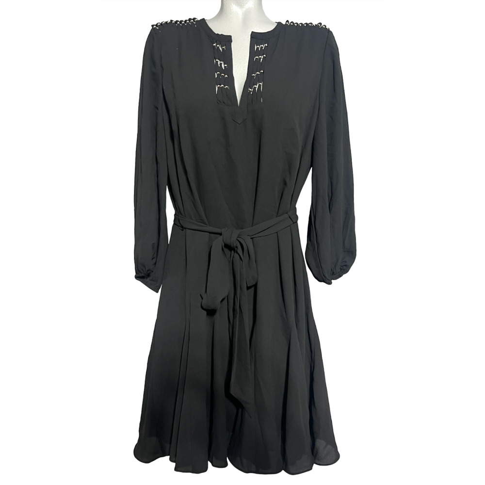 NEW WHITE HOUSE BLACK MARKET WHBM BLACK BEADED GODET DRESS SZ 14 - Picture 2 of 12